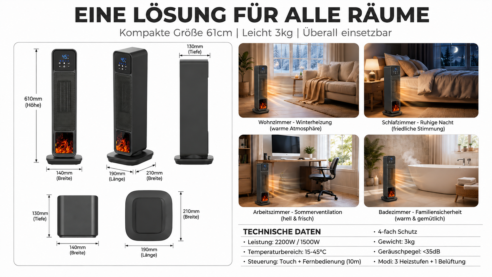 Ein schwarzer Turmventilator mit Flammen-Effekt, Maße und Einsatz in Wohnräumen.