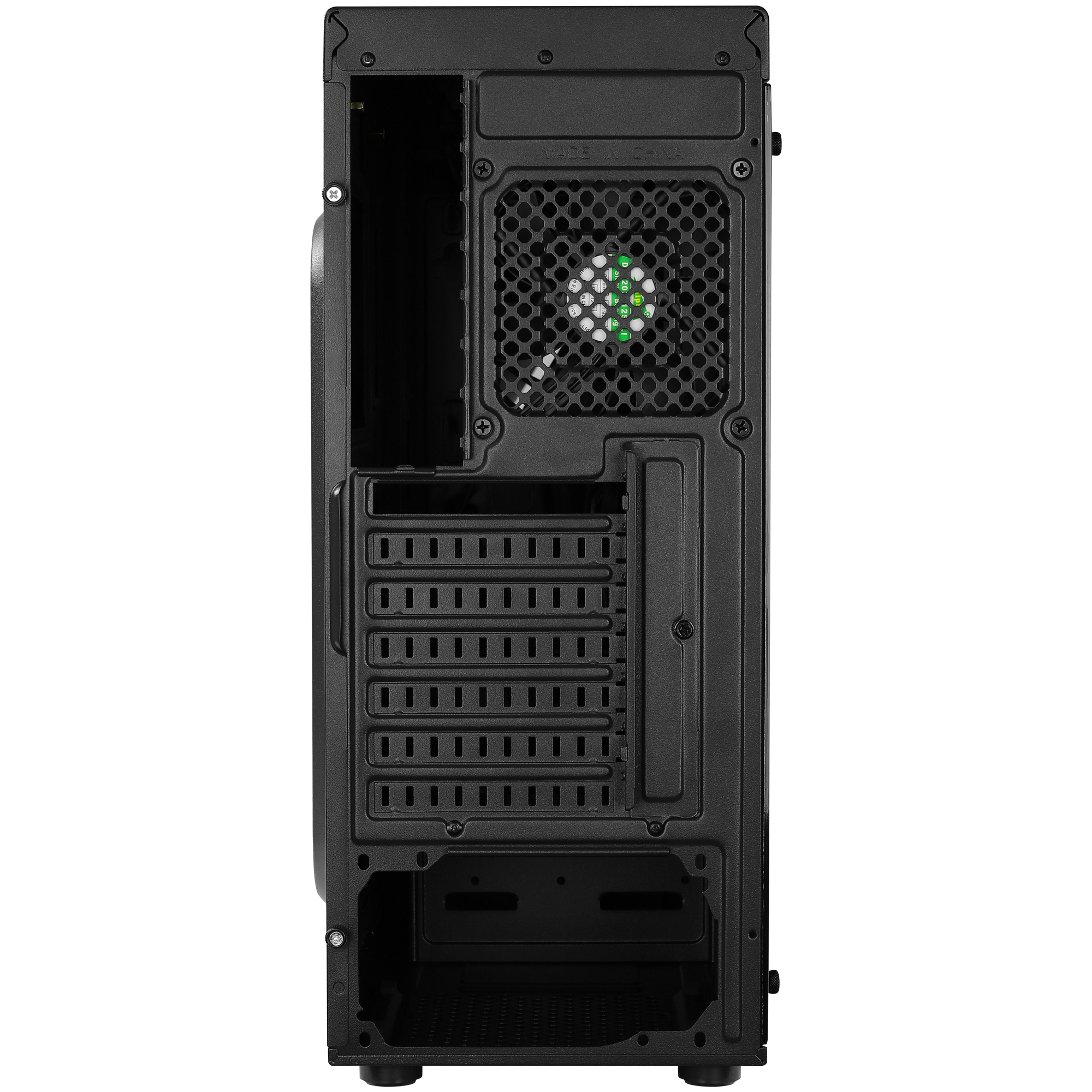 Achterkant van een zwarte computerkast met ventilator en poorten.