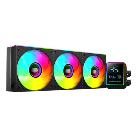 Un dissipatore per CPU con tre ventole RGB e un display digitale.