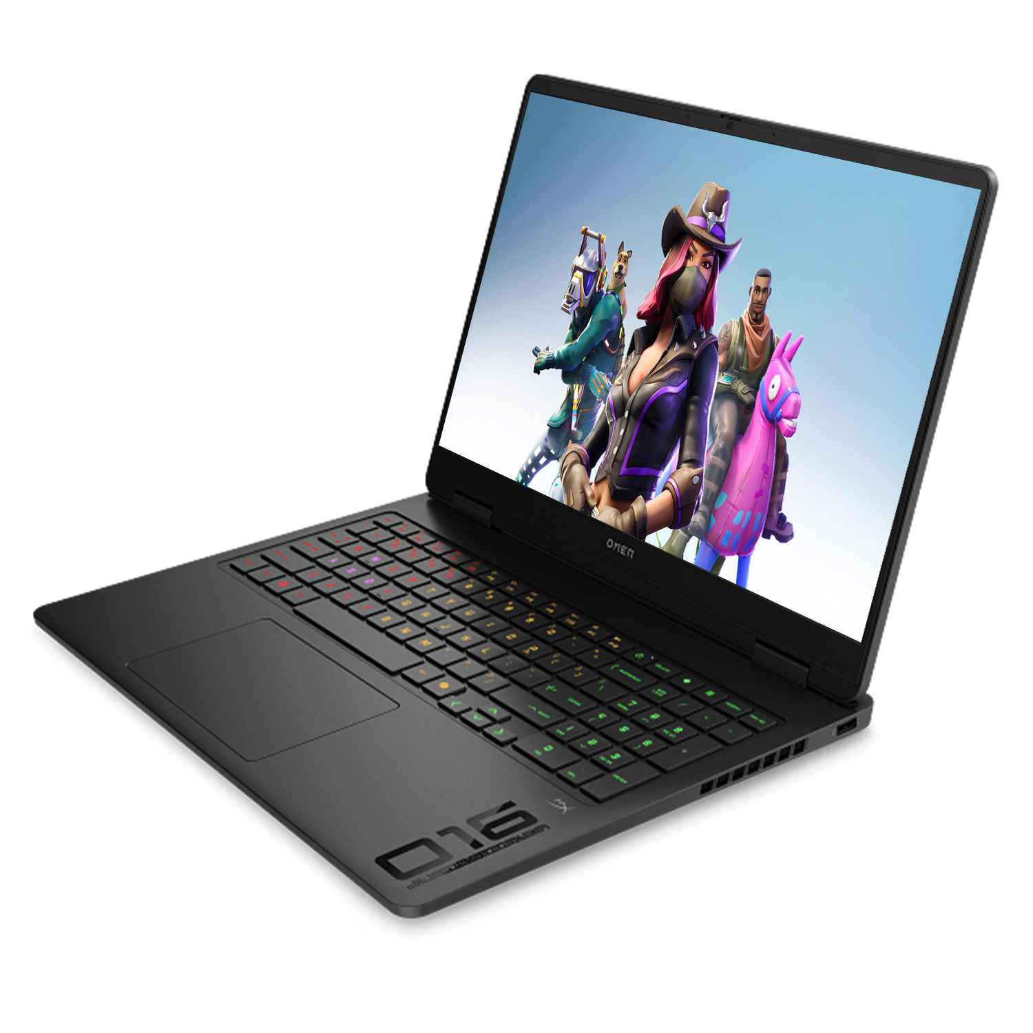 Ekranında Fortnite oyunu gösterilen siyah HP Omen dizüstü bilgisayar.
