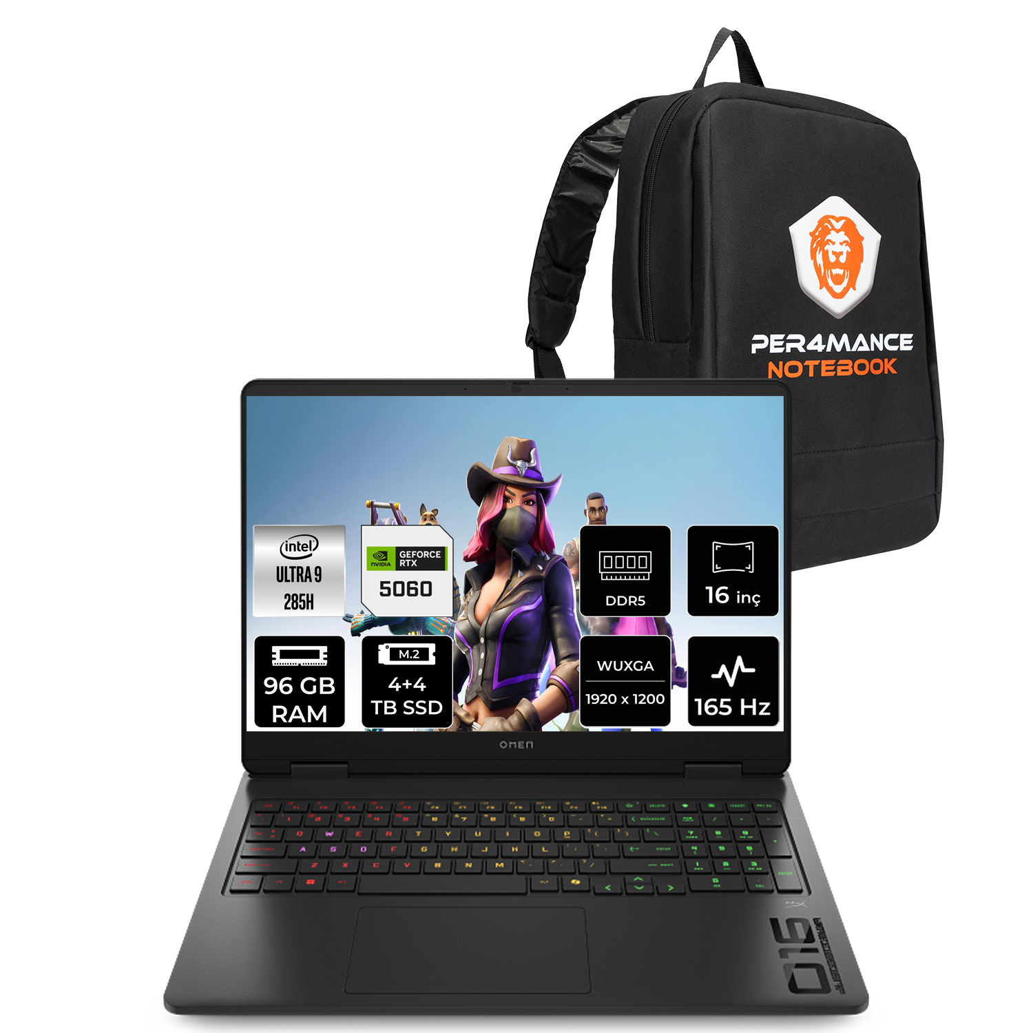 Intel Ultra 9, RTX 5060, 96 GB RAM, 4+4 TB SSD, 165 Hz ekranlı oyuncu dizüstü bilgisayarı ve sırt çantası.