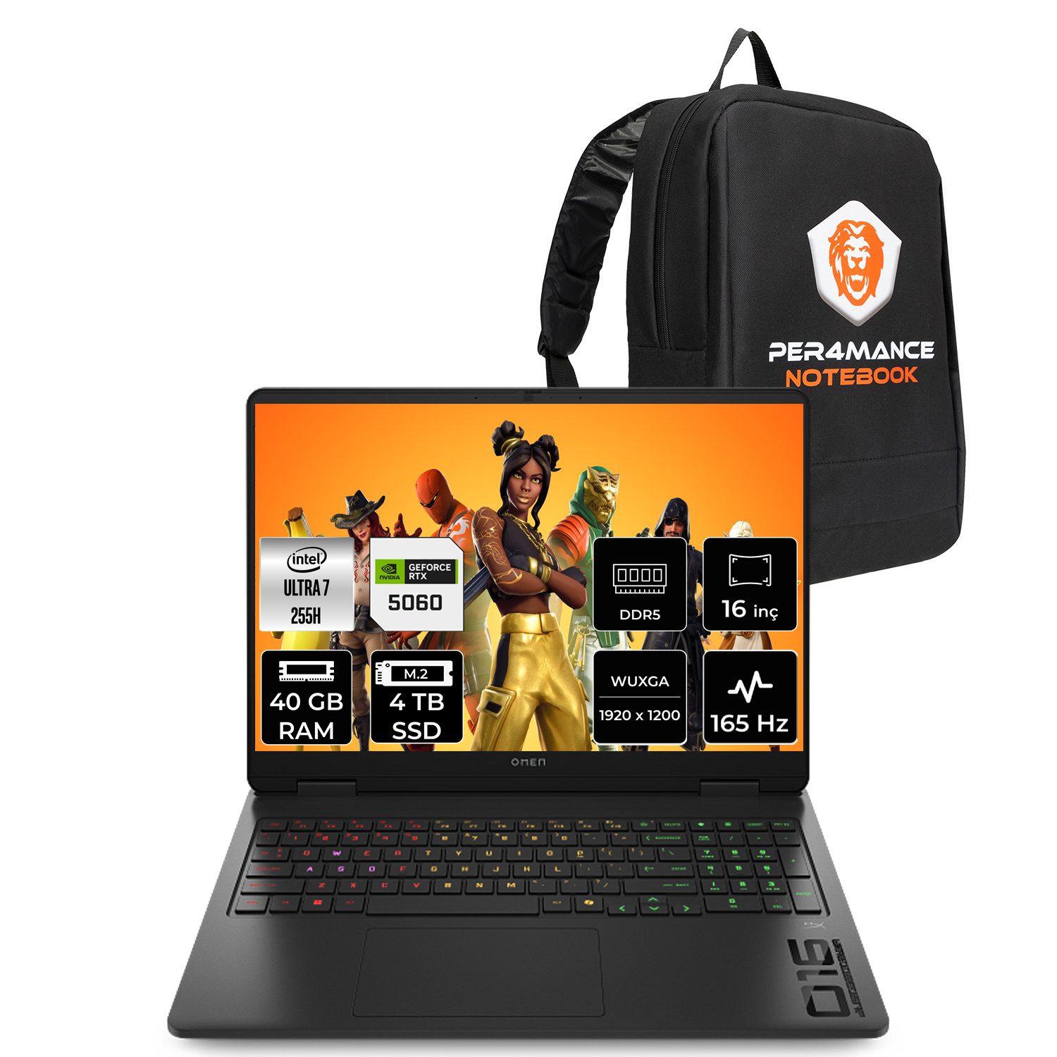 Fortnite ekranlı siyah dizüstü bilgisayar ve aslan logolu siyah sırt çantası.