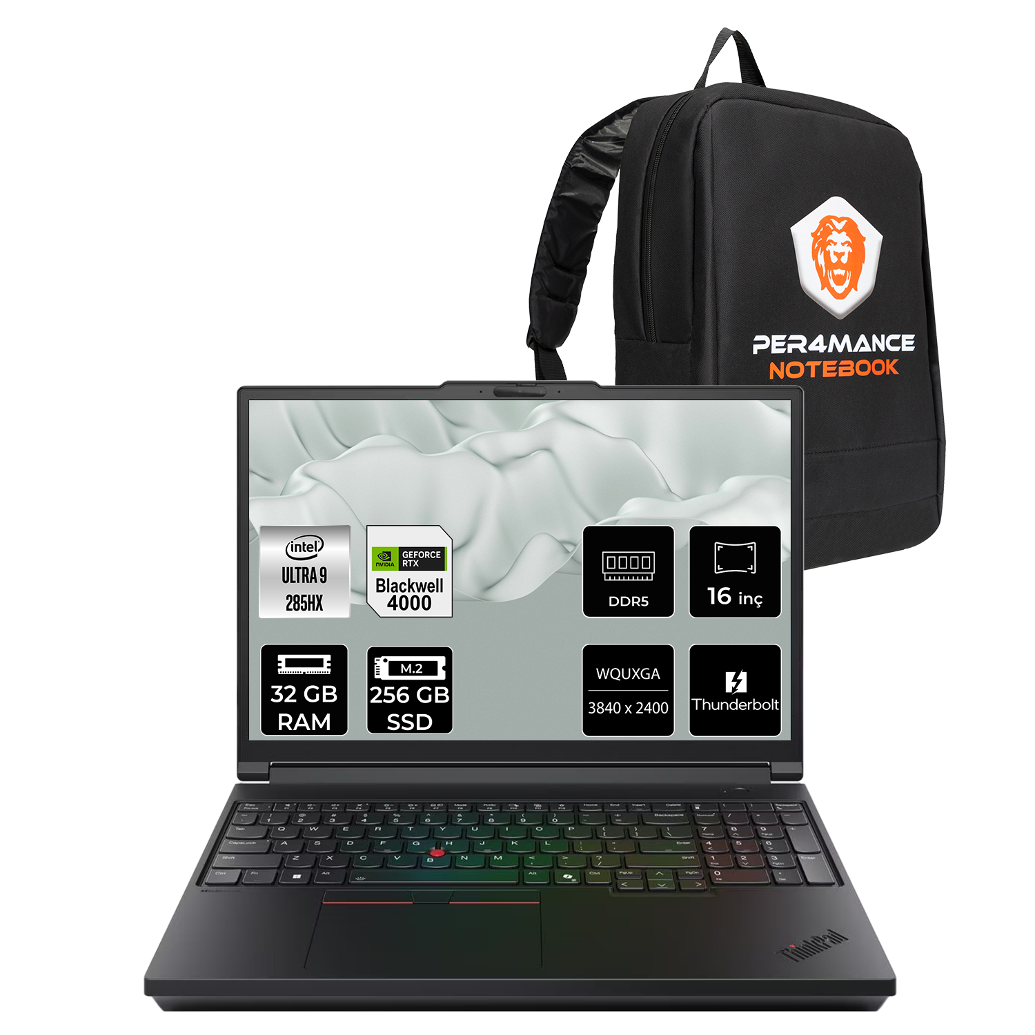 Intel Ultra 9 ve Nvidia RTX 4000'li siyah dizüstü bilgisayar, 32GB RAM, 256GB SSD, 16 inç.