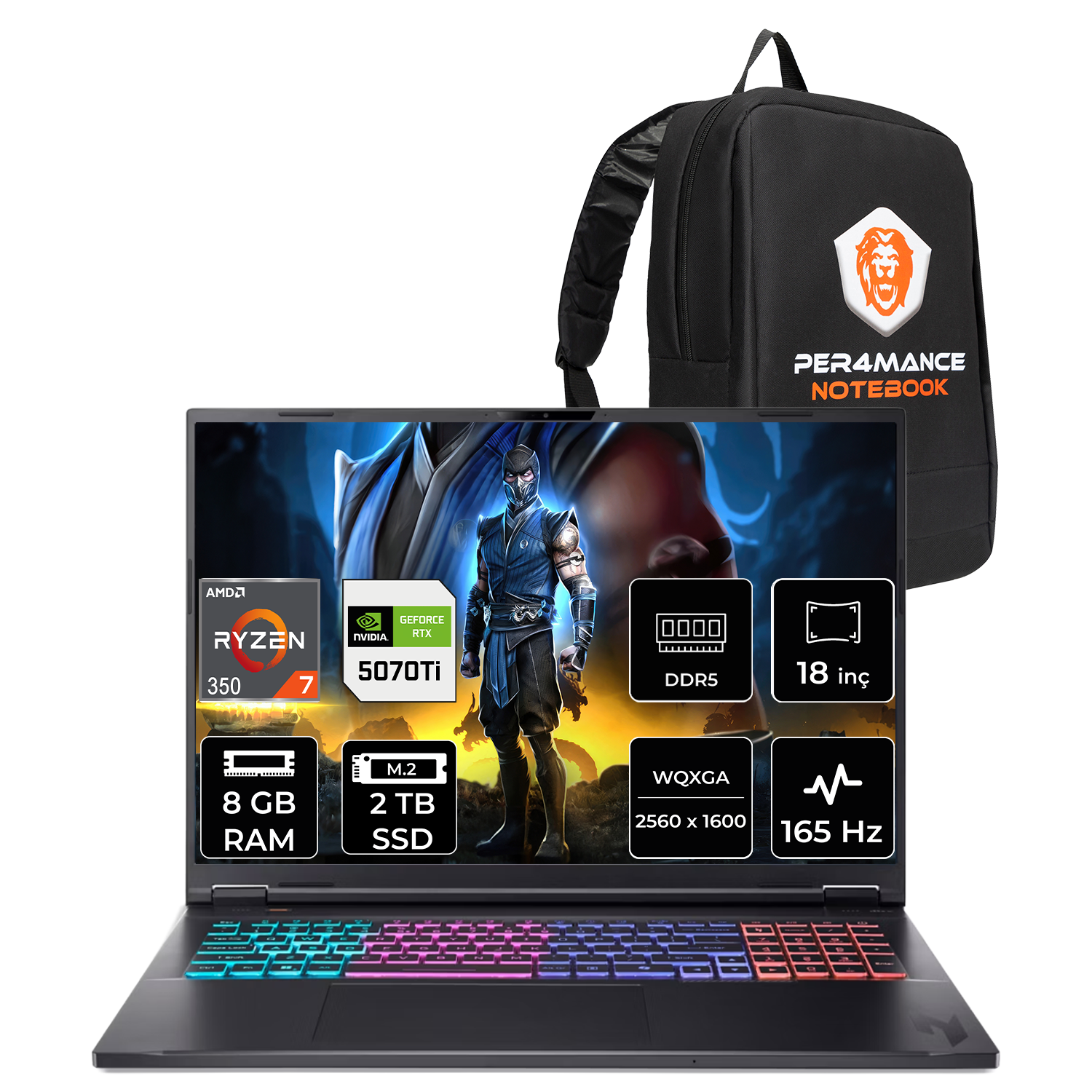 Sub-Zero duvar kağıtlı dizüstü bilgisayar, RYZEN 7, RTX 5070Ti, 8 GB RAM, 2 TB SSD, 18 inç, 165 Hz.