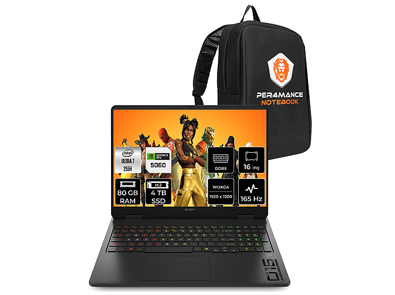 HP Omen 16 RTX 5060 8GB FHD+ BQ1Z1EAPN347 Intel Core Ultra 7 255H 80 GB RAM 4 TB SSD 16 inç FreeDOS Laptop+Çanta Siyah