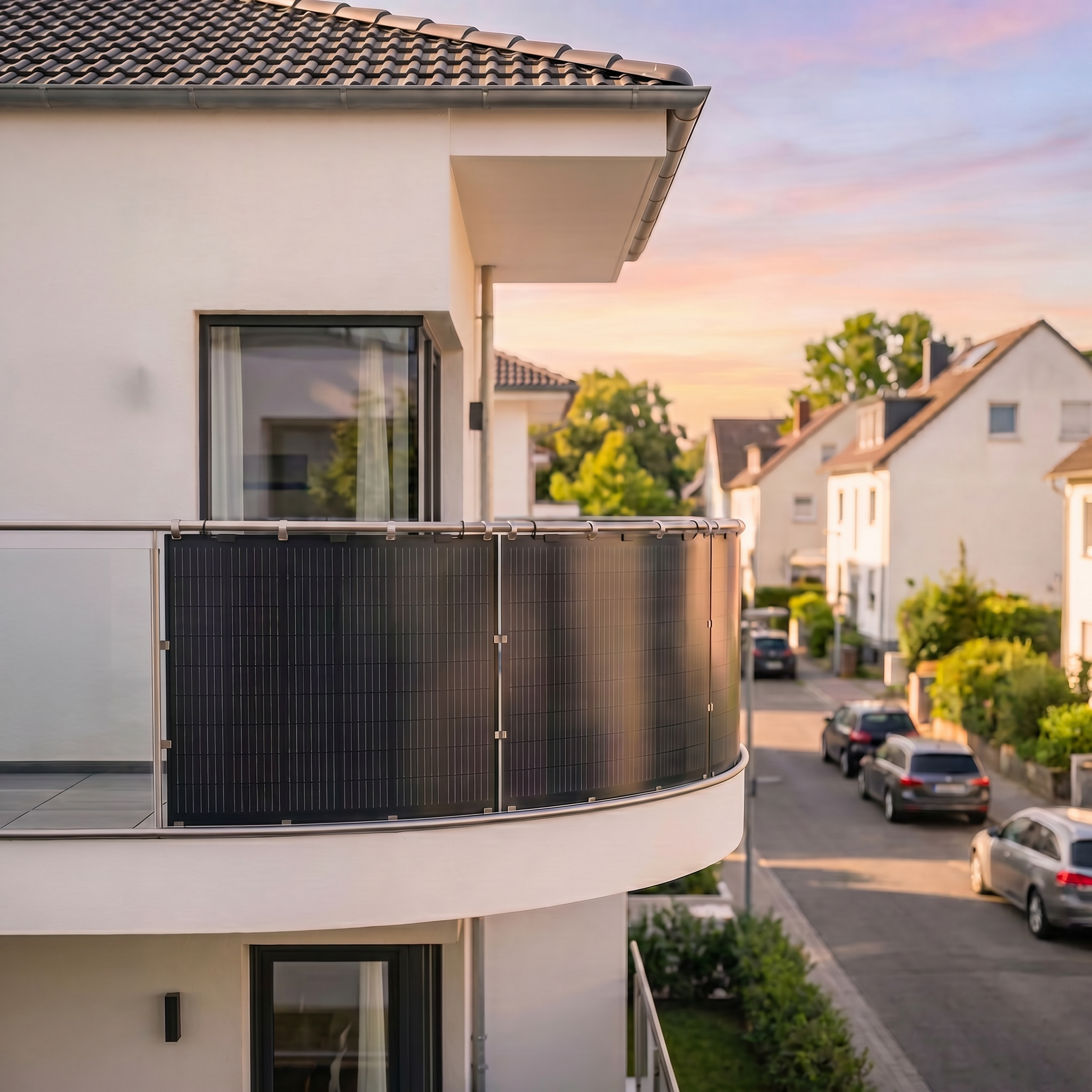 Ein modernes Haus mit Balkon und Solarmodulen auf einer Straße mit Autos.