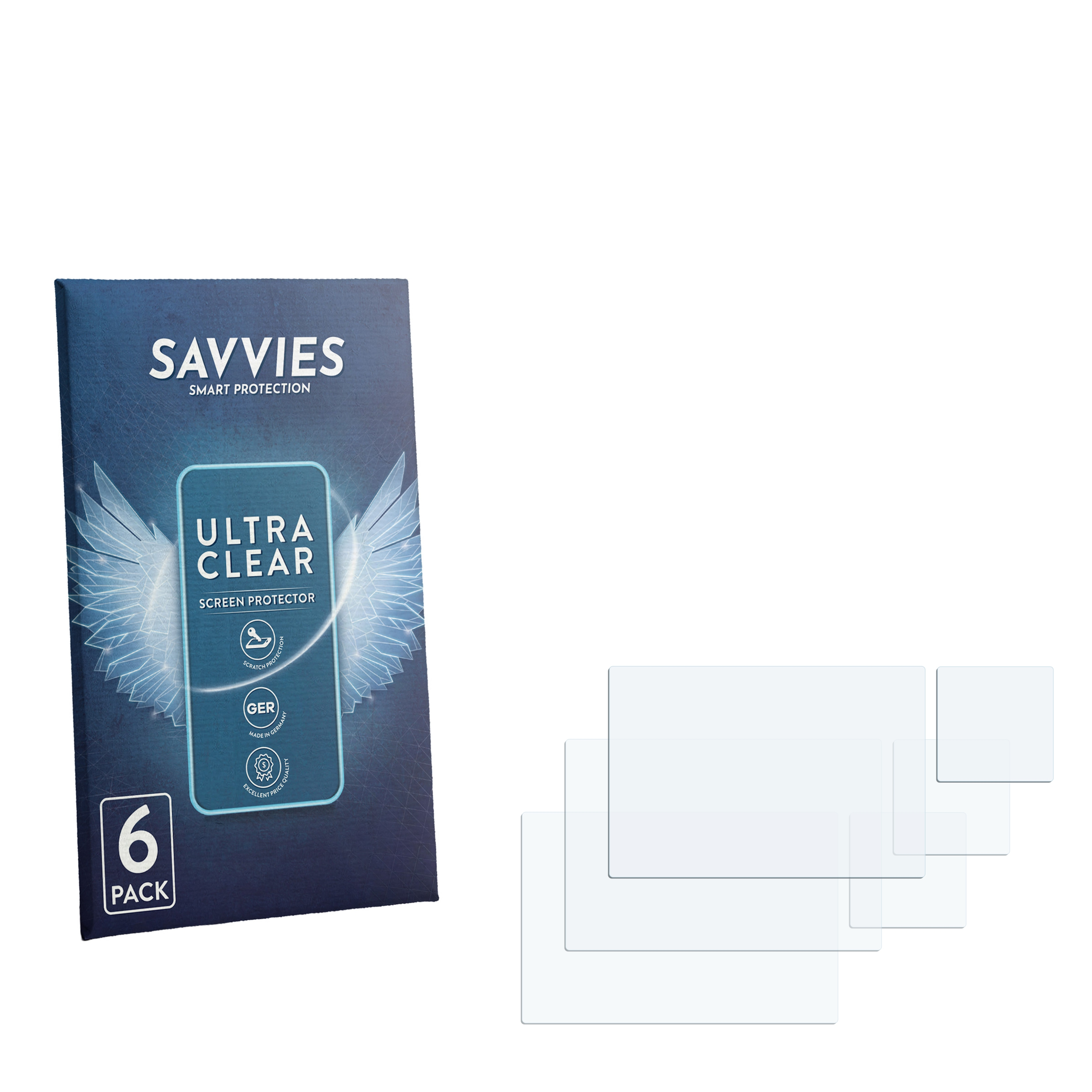 Verpackung für Savvies Displayschutzfolien und einige Folien.