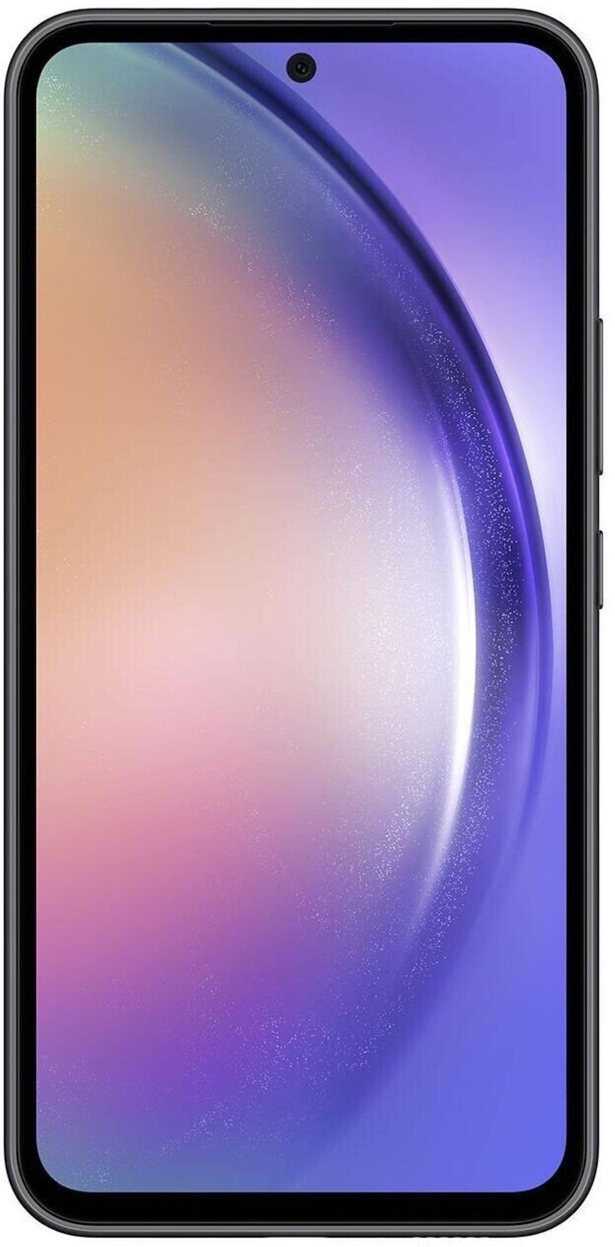 Ein Smartphone mit schwarzem Rahmen und einem farbverlaufenden Bildschirm.