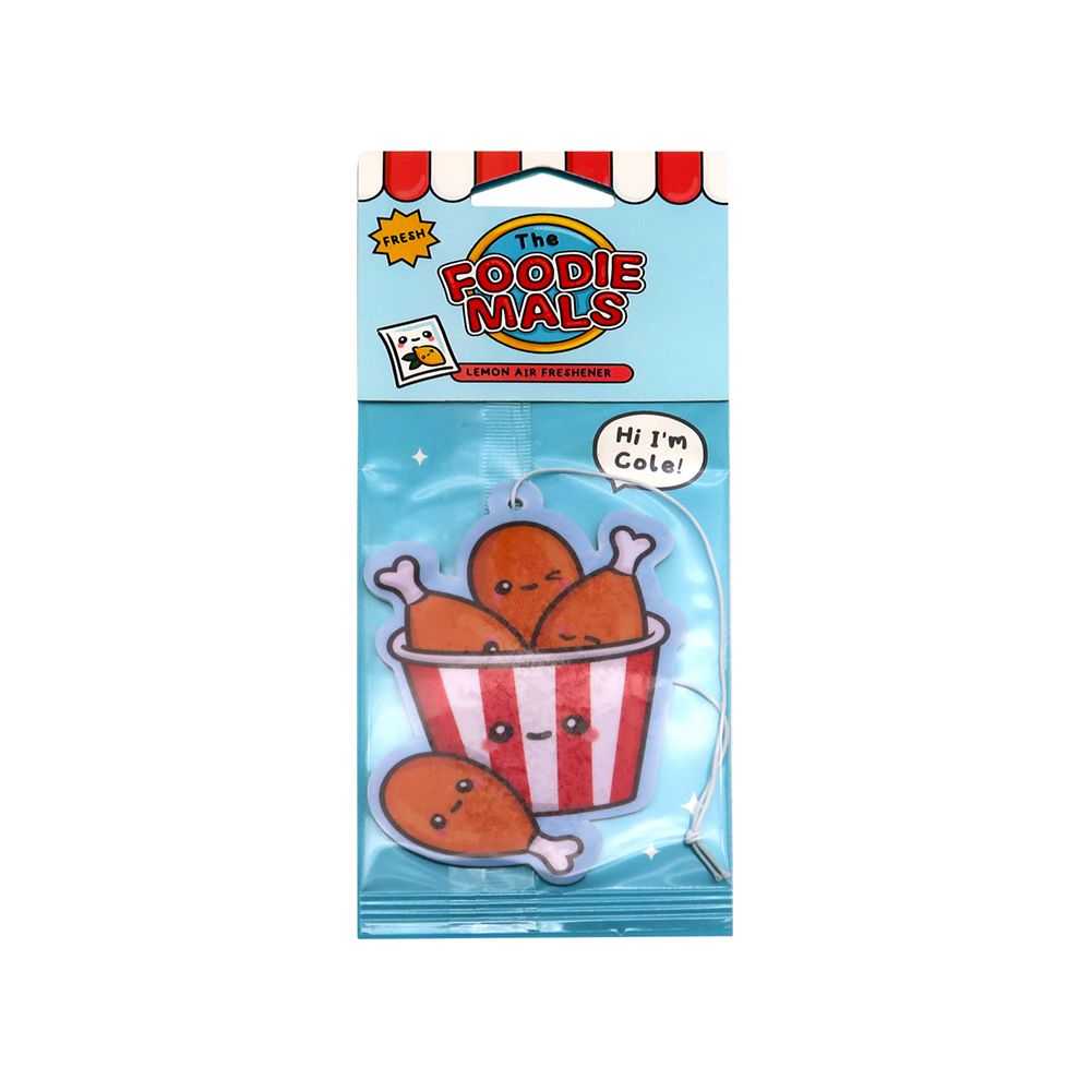 Un deodorante per auto pollo fritto kawaii in un secchiello rosso e bianco.