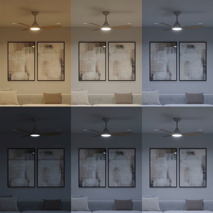 Parete di un soggiorno con due quadri e ventilatore a soffitto in varie condizioni di luce.
