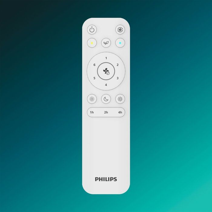 Telecomando Philips bianco con impostazioni di alimentazione, ventola e luce.