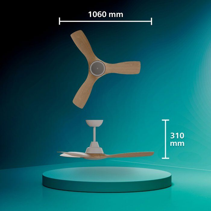 Un ventilatore da soffitto con pale in legno, che mostra le dimensioni 1060 mm e 310 mm.