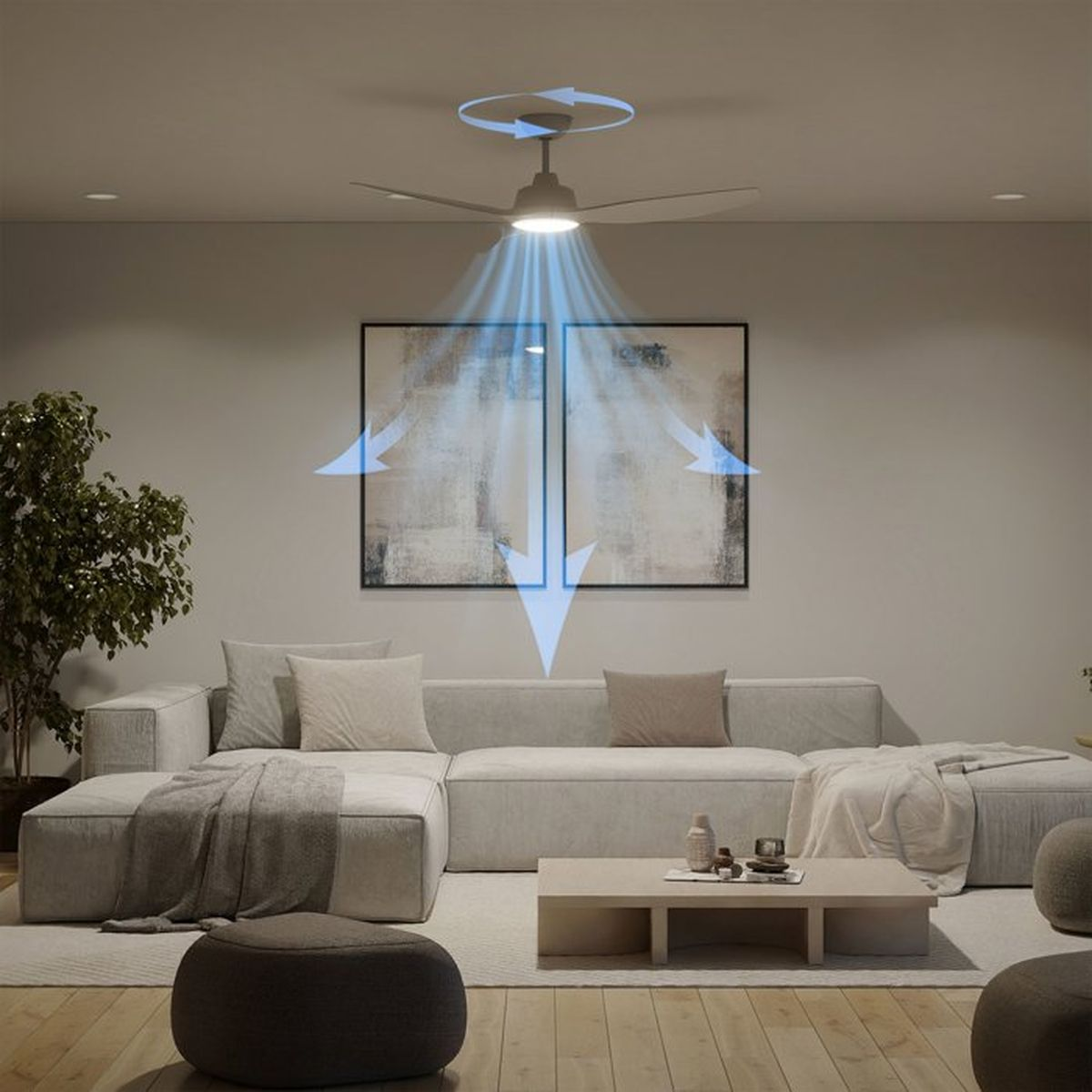 Ventilatore a soffitto fa circolare l'aria in un soggiorno moderno con divano angolare.