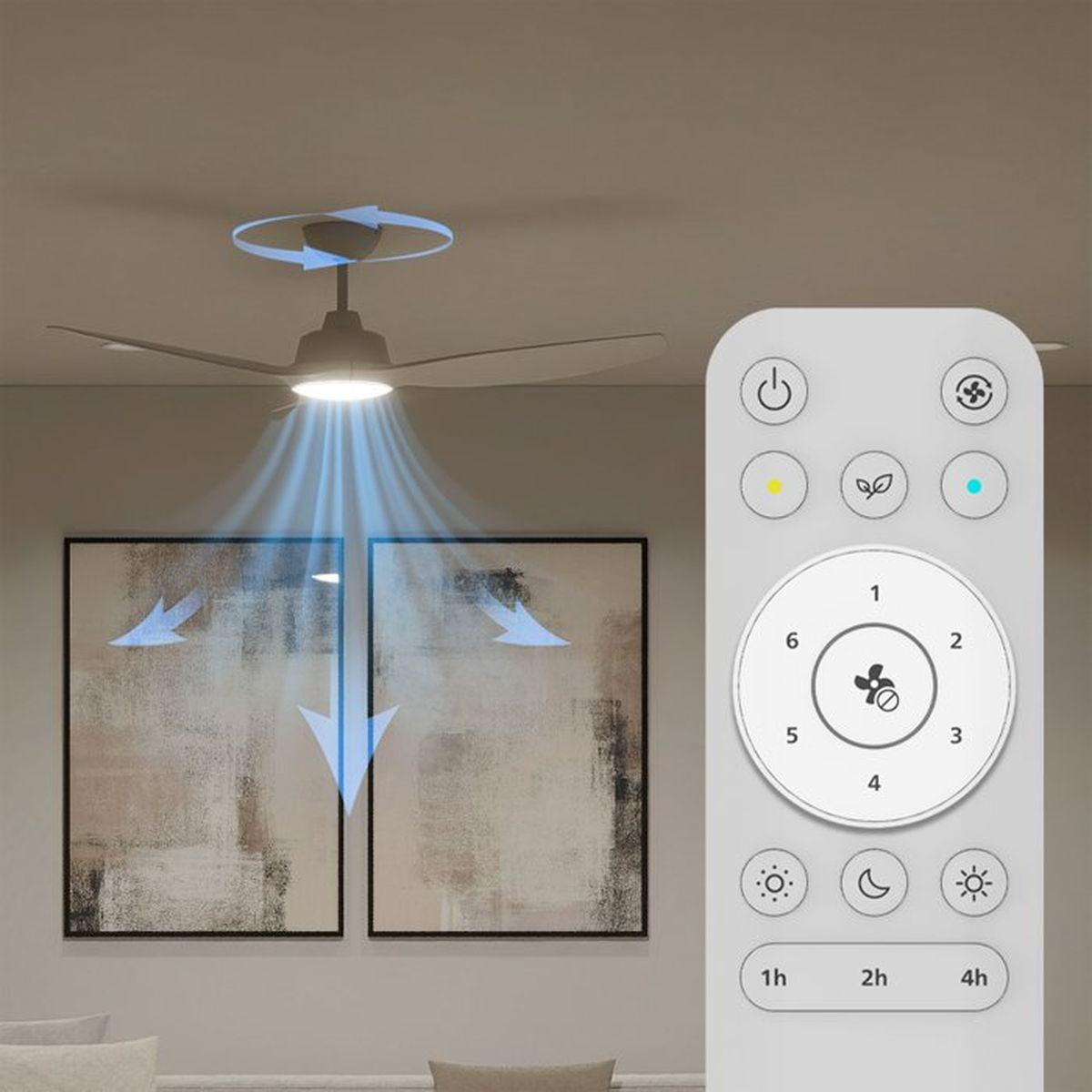 Ventilatore da soffitto con luce e telecomando, mostra flusso d'aria e impostazioni.