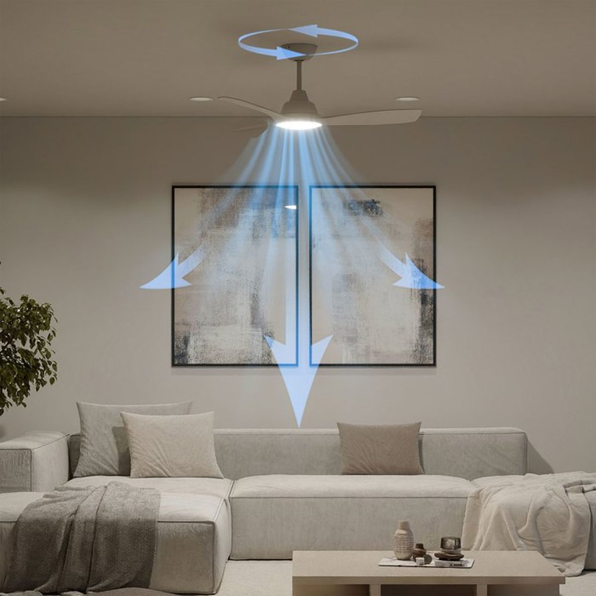 Ventilatore a soffitto con luce e frecce blu del flusso d'aria che mostrano il movimento.