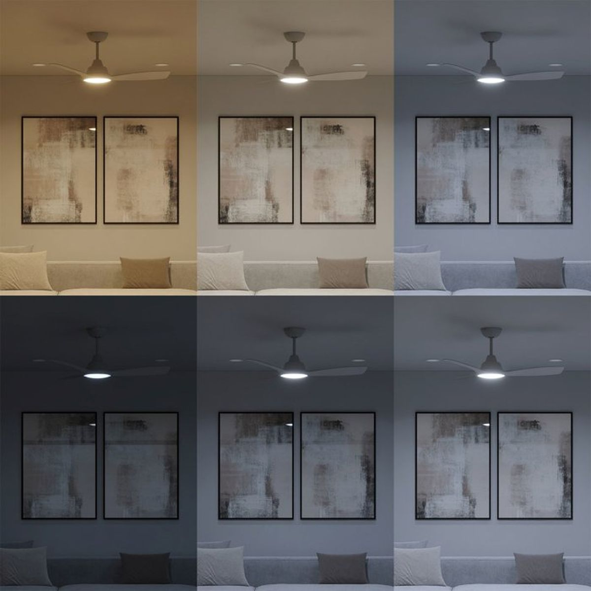 Un soggiorno con ventilatore a soffitto e quadri, che mostra diversi stati d'animo luminosi.