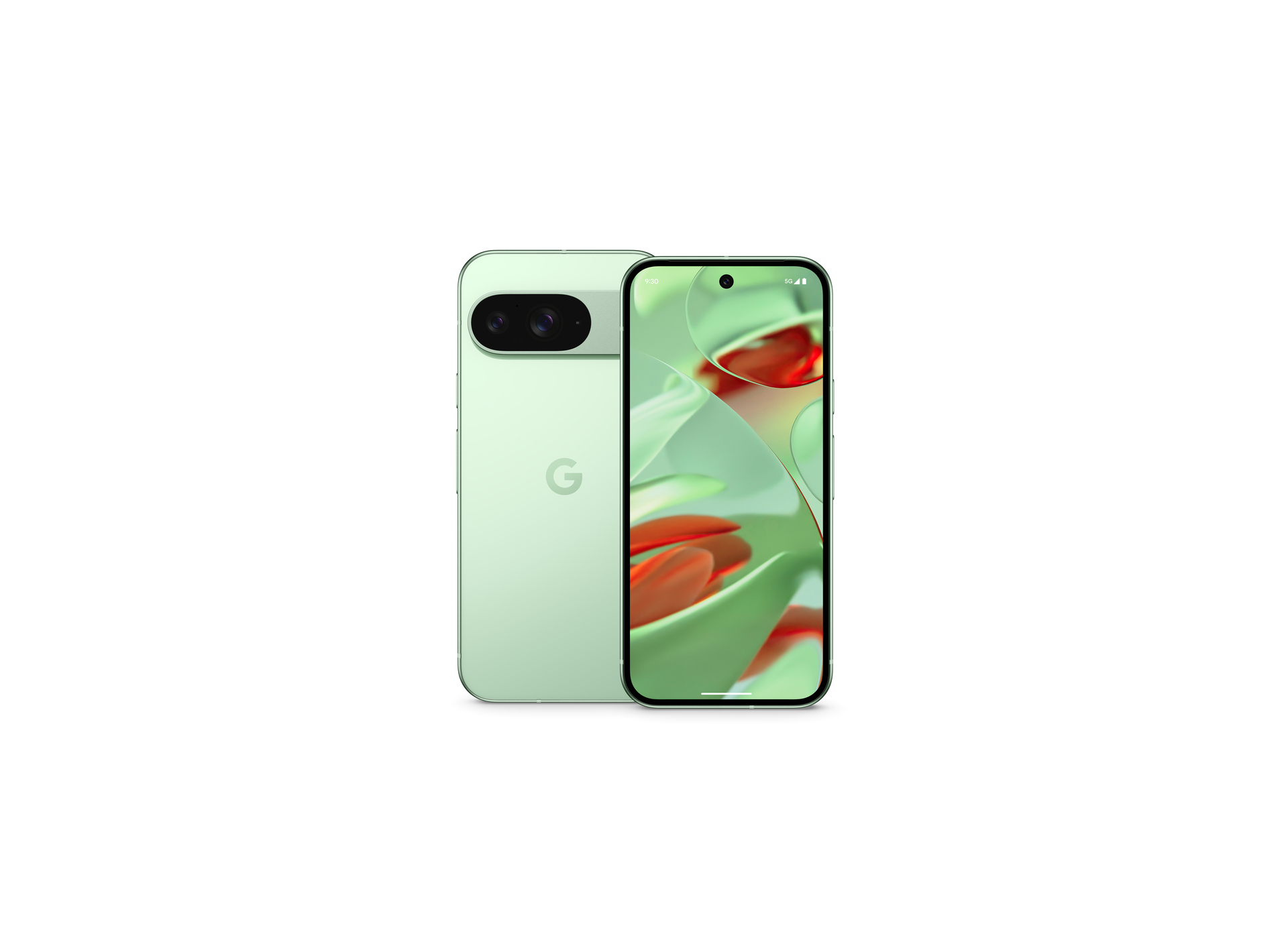 Due smartphone verde chiaro su sfondo bianco. Uno mostra il retro, l'altro la parte anteriore.