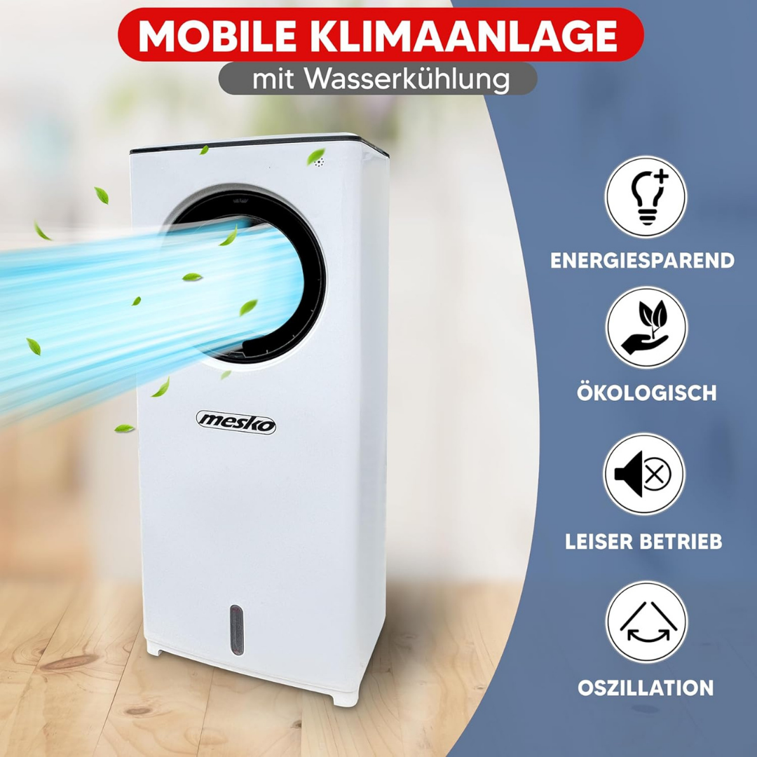 Weißer tragbarer Luftkühler mit blauem Luftstrom und Blättern. Text: Mobile Klimaanlage.