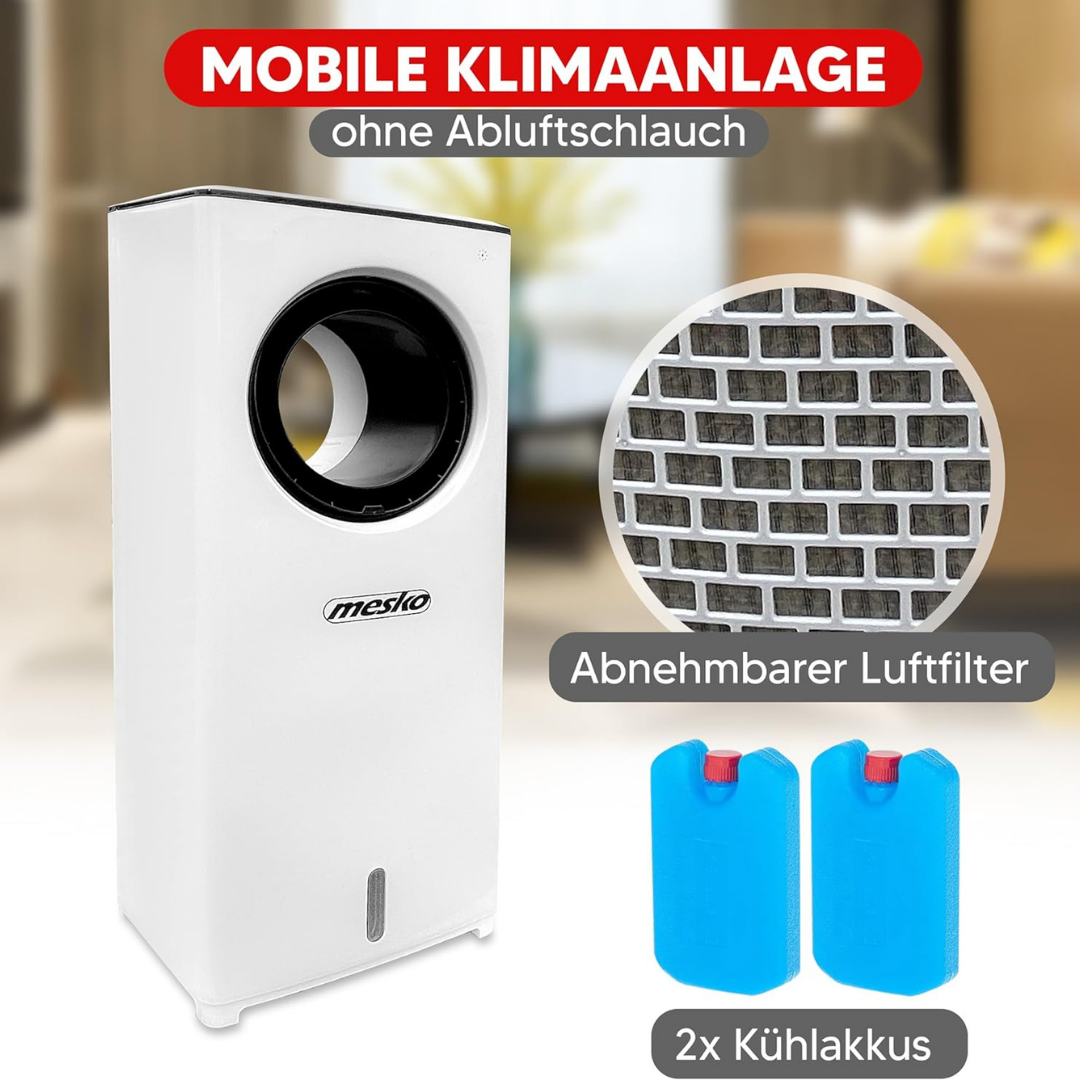 Weier tragbarer Luftköhler mit runder Öffnung, Eispacks und Luftfilter.