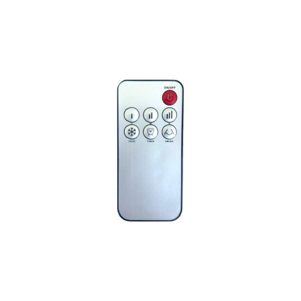 Un mando a distancia blanco con botón rojo de encendido/apagado e iconos de frío, temporizador y oscilación.