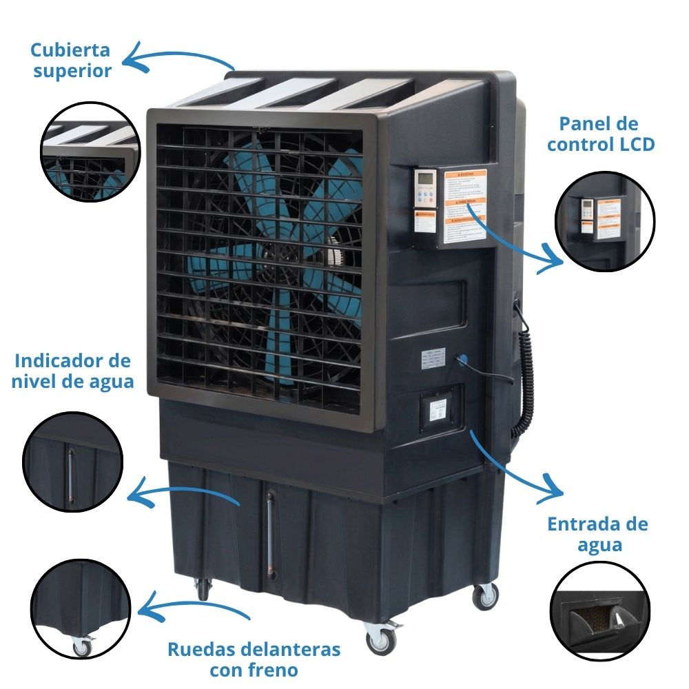 Un enfriador evaporativo negro con ventilador azul y panel de control LCD.
