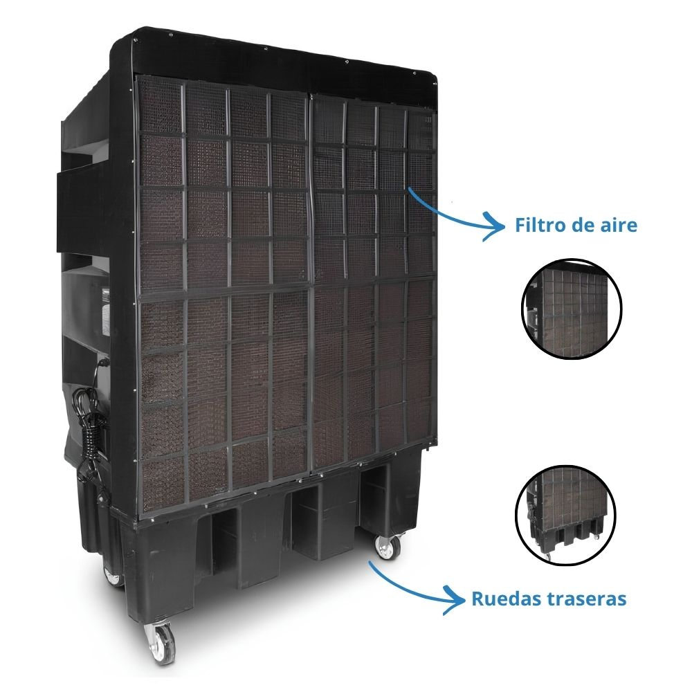 Un enfriador de aire negro grande con múltiples filtros y ruedas.