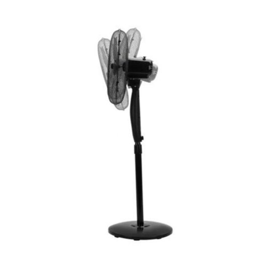 Un ventilador de pie negro con cabeza ajustable y base redonda.