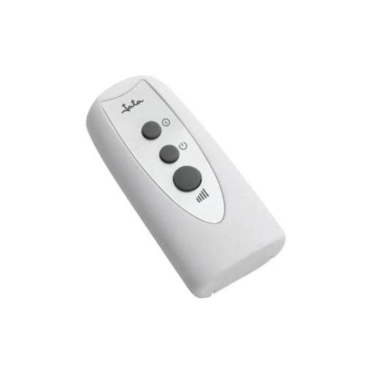 Un control remoto blanco con cuatro botones y un logo.