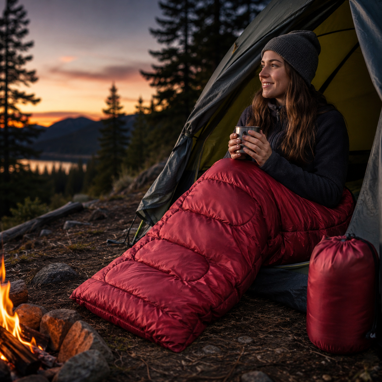 Woman in sleeping bag in tent with mug, campfire and mountain lake at sunset.