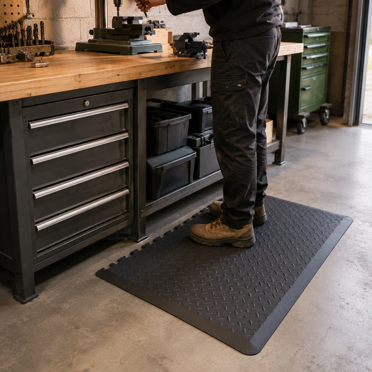 A man stands on an anti-fatigue mat in front of a workbench with tools.