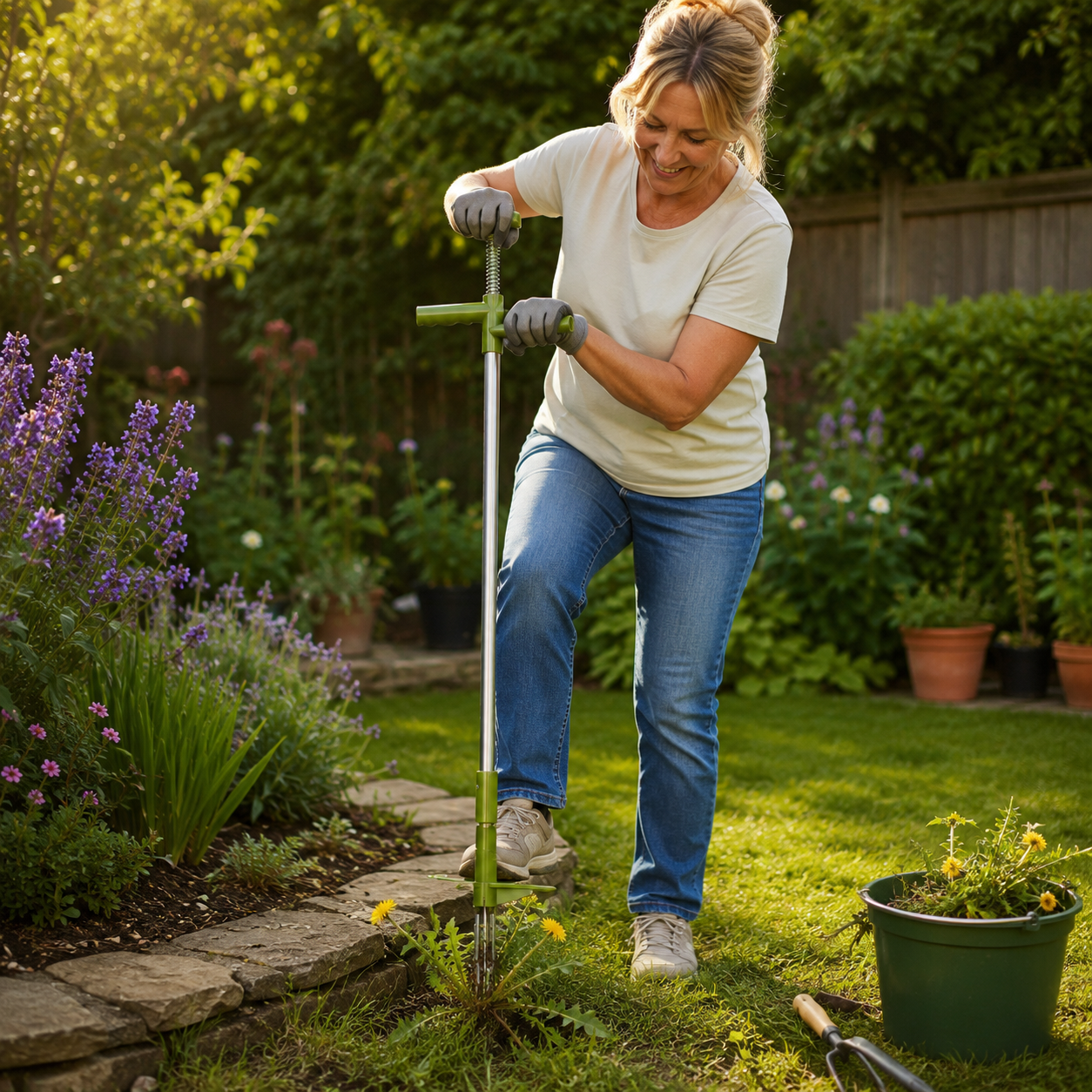 Woman gardening, using a weed puller on a sunny day in a lush garden.