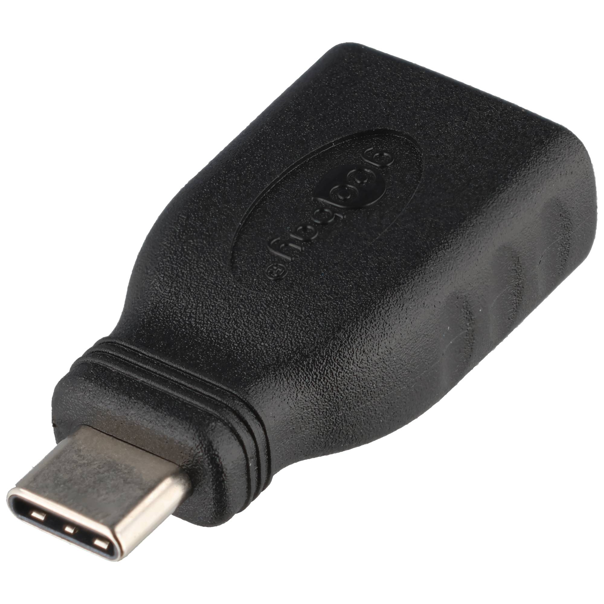 Schwarzer USB-C-Stecker mit silbernem Metallende und Markenschriftzug.