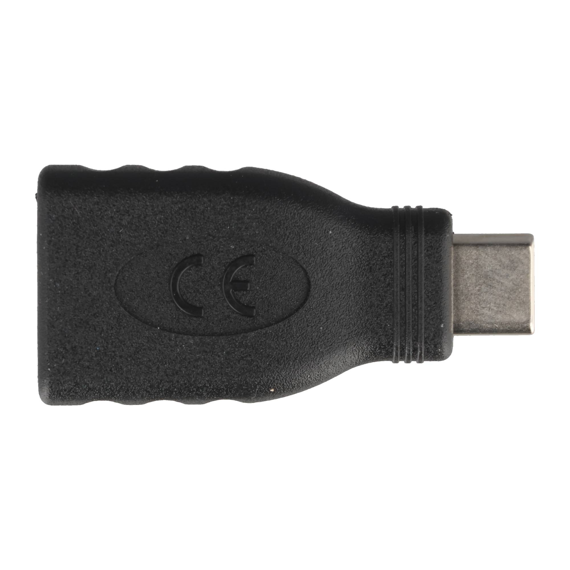 Schwarzer Adapter mit CE-Zeichen und USB-C-Anschluss.