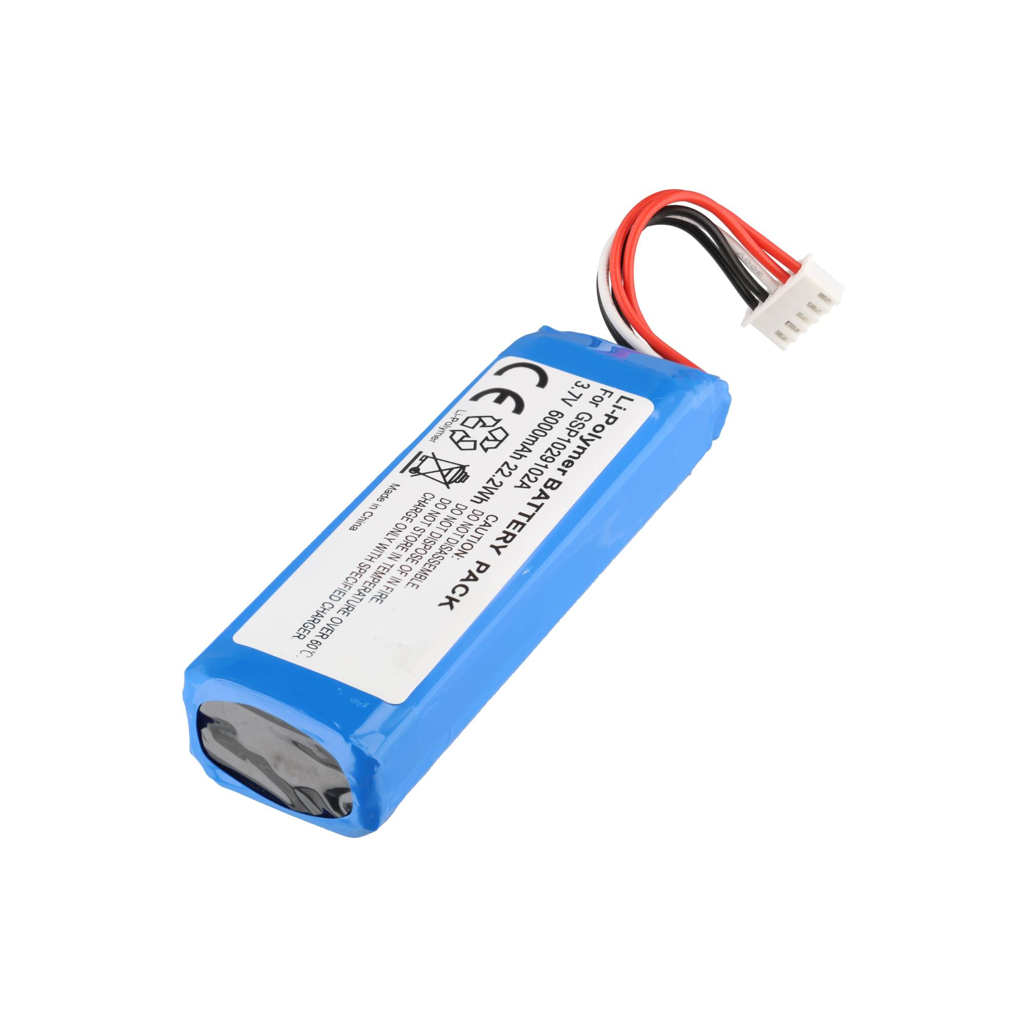 Mavi 3,7V 6000mAh Li-Polimer pil, kablolar ve konektörlü.