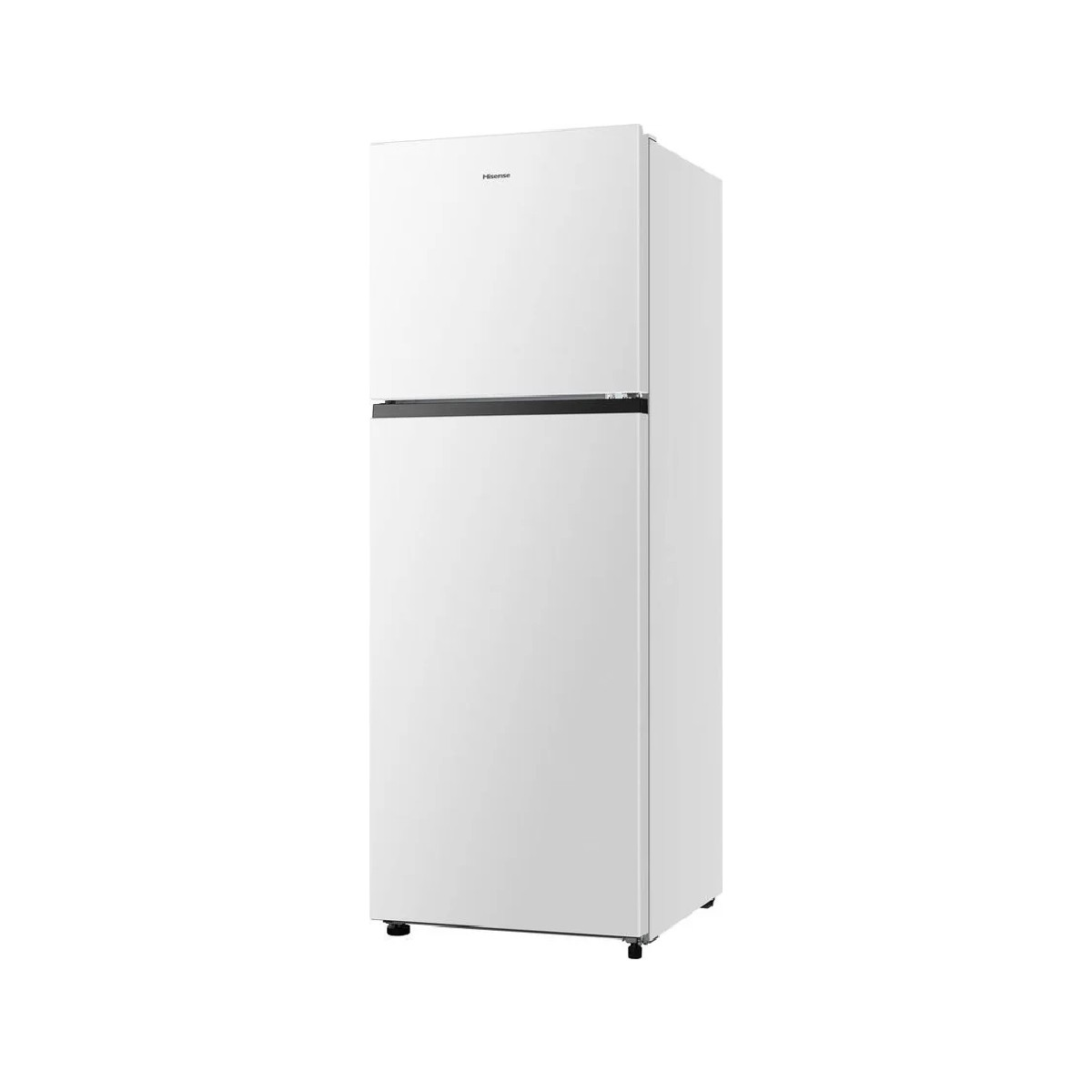 Ein weißer Hisense-Kühlschrank mit Gefrierfach oben.