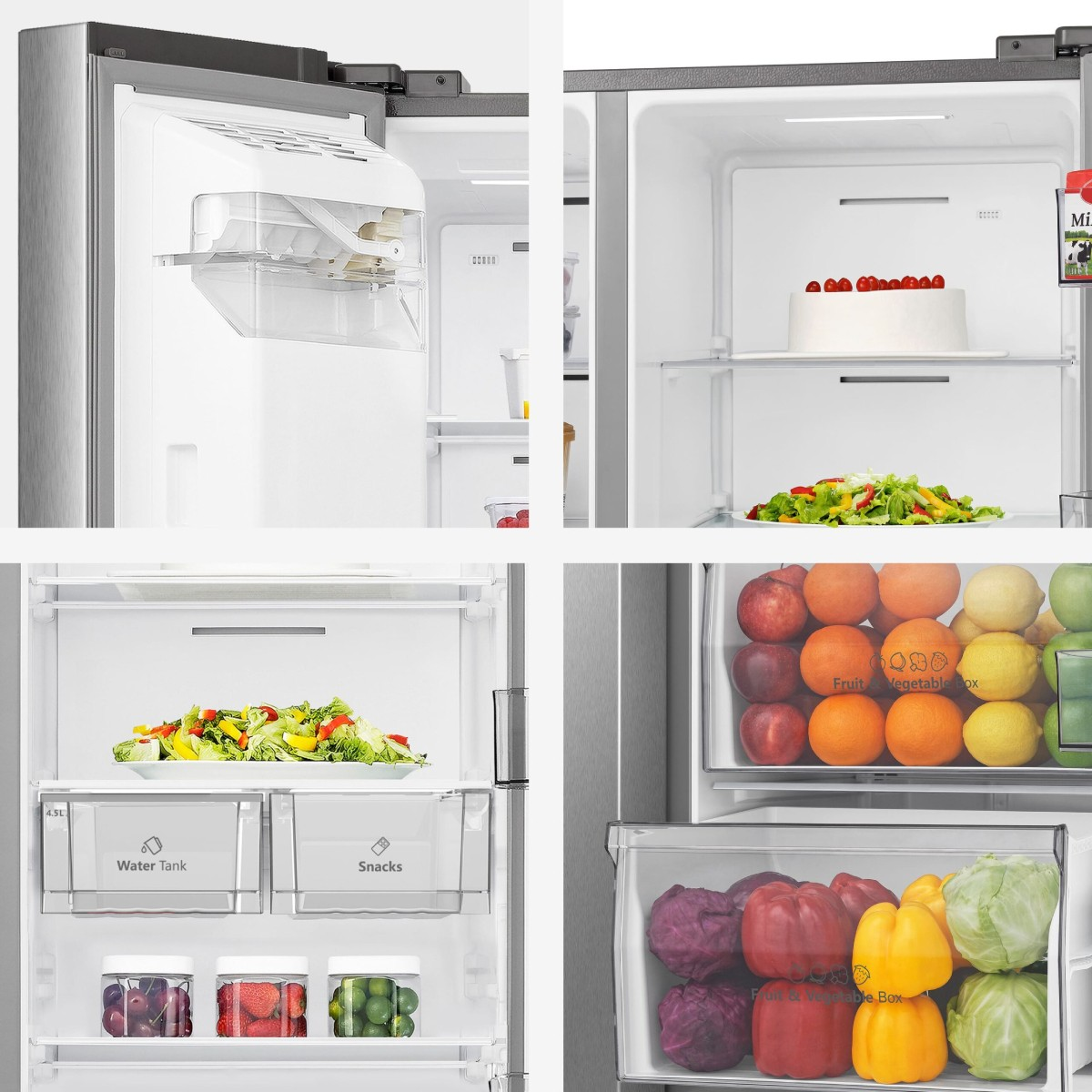 Interior de un refrigerador con máquina de hielo, pastel, ensalada, frutas y verduras.