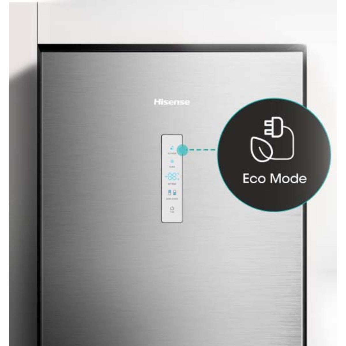Hisense koelkastdeur met digitaal display en Eco Mode icoon.