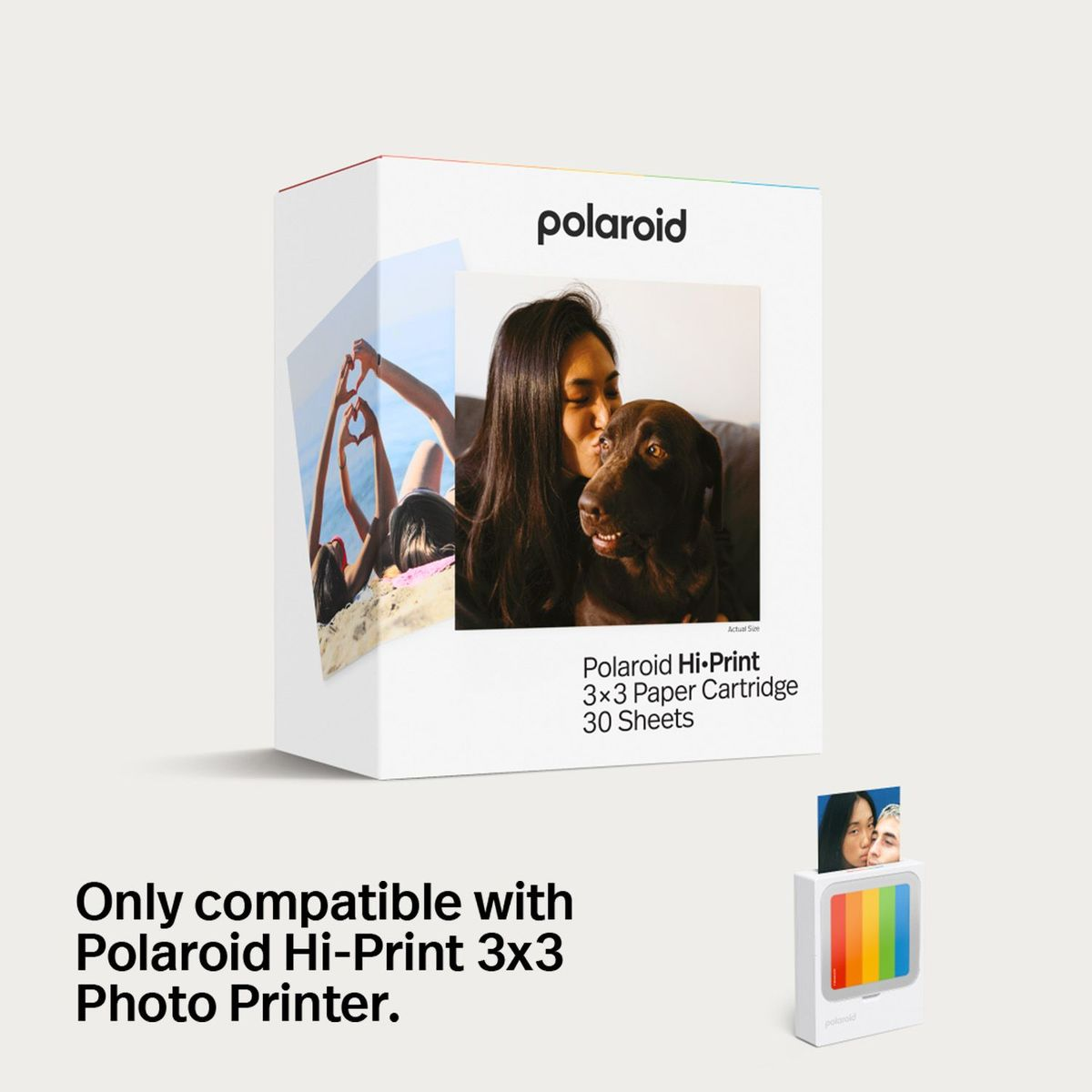 30 yapraklı Polaroid Hi-Print 3x3 kağıt kartuşu ve mini yazıcı.