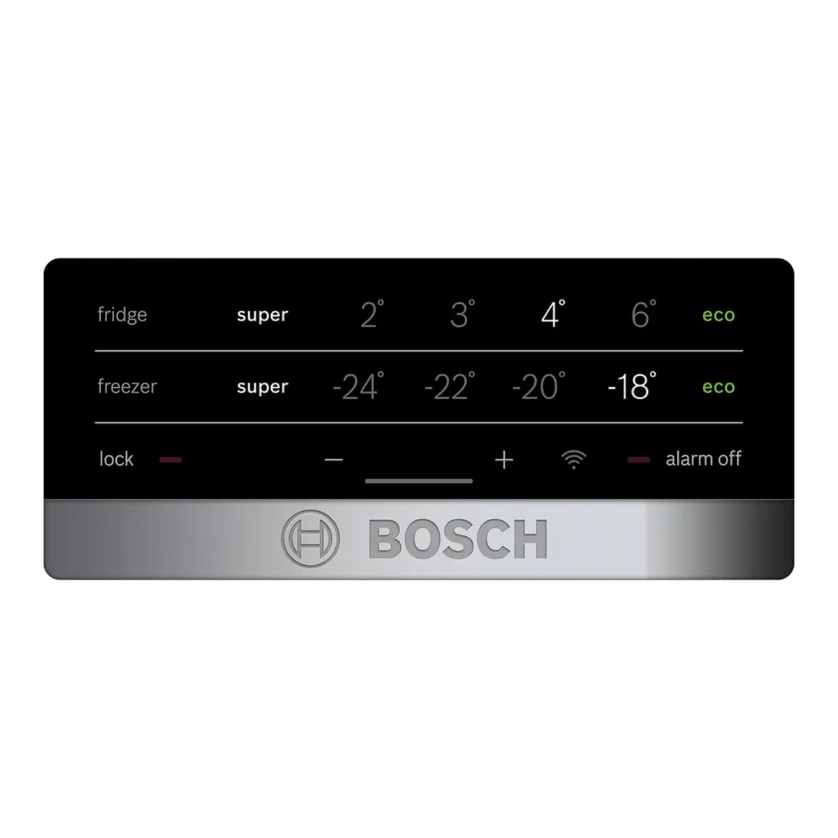 Pantalla de refrigerador Bosch con temperaturas y función de bloqueo.