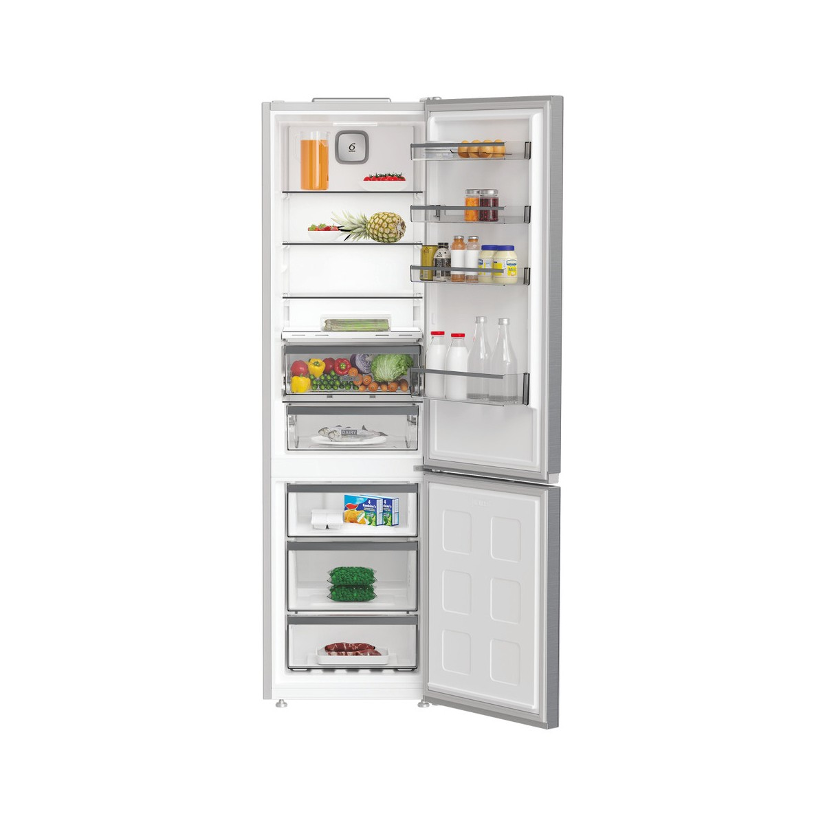 Frigorifero aperto con cibo: succo, frutta, verdura, pesce, piselli, carne, latte.