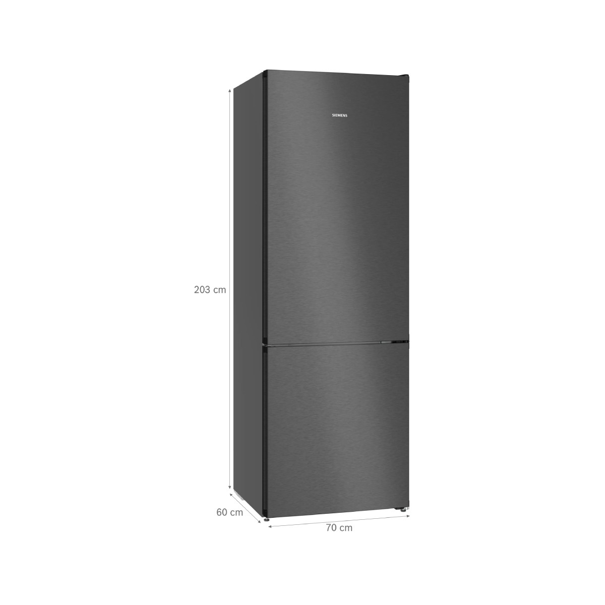 Ein hoher, dunkler Siemens Kühlschrank mit zwei Türen, Maße 203x70x60 cm.