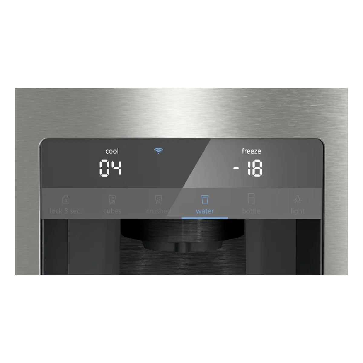 Una pantalla de refrigerador muestra 4°C de enfriamiento y -18°C de congelación. Opción de agua activa.