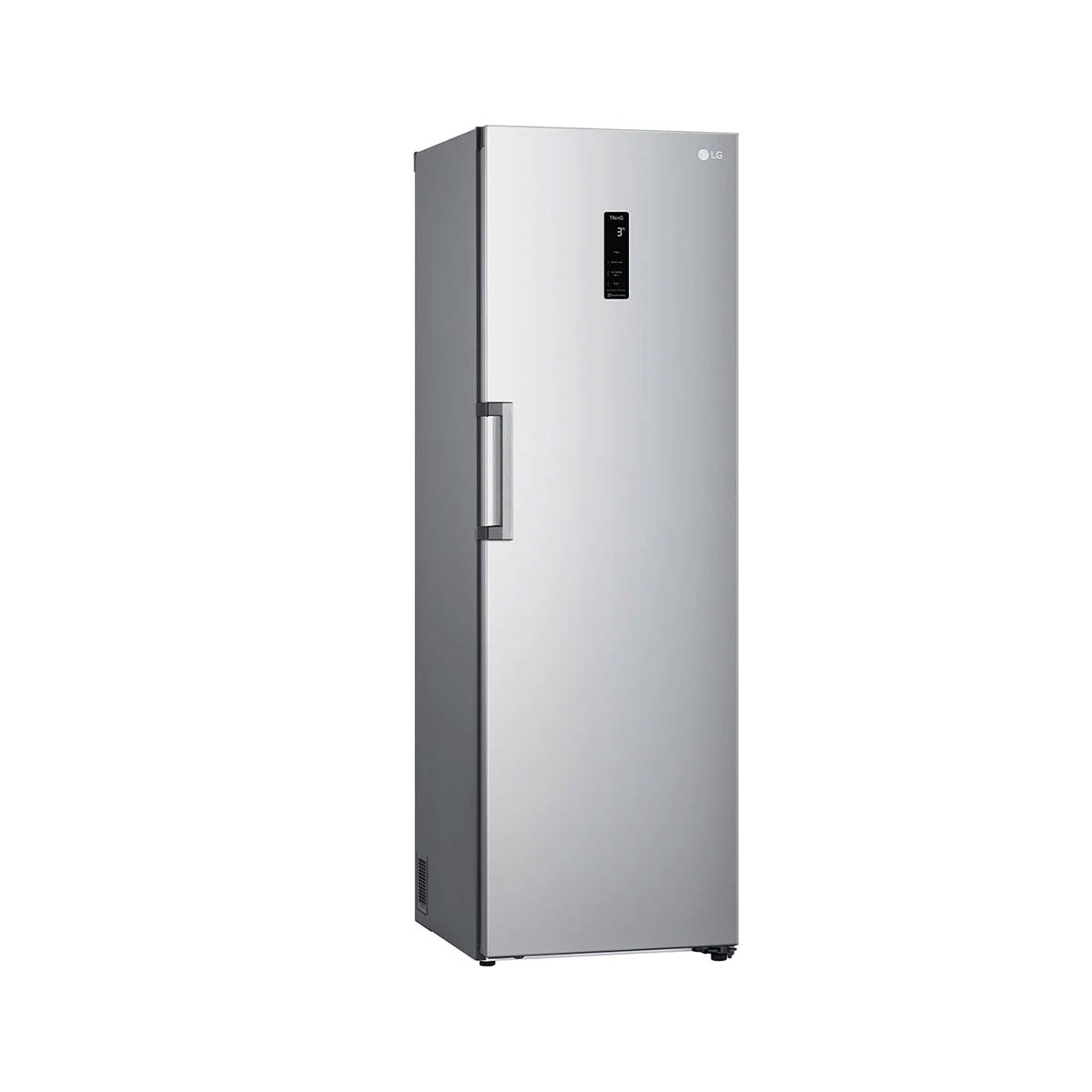 Ein schlanker, silberner LG-Kühlschrank mit einem digitalen Display und Griff.