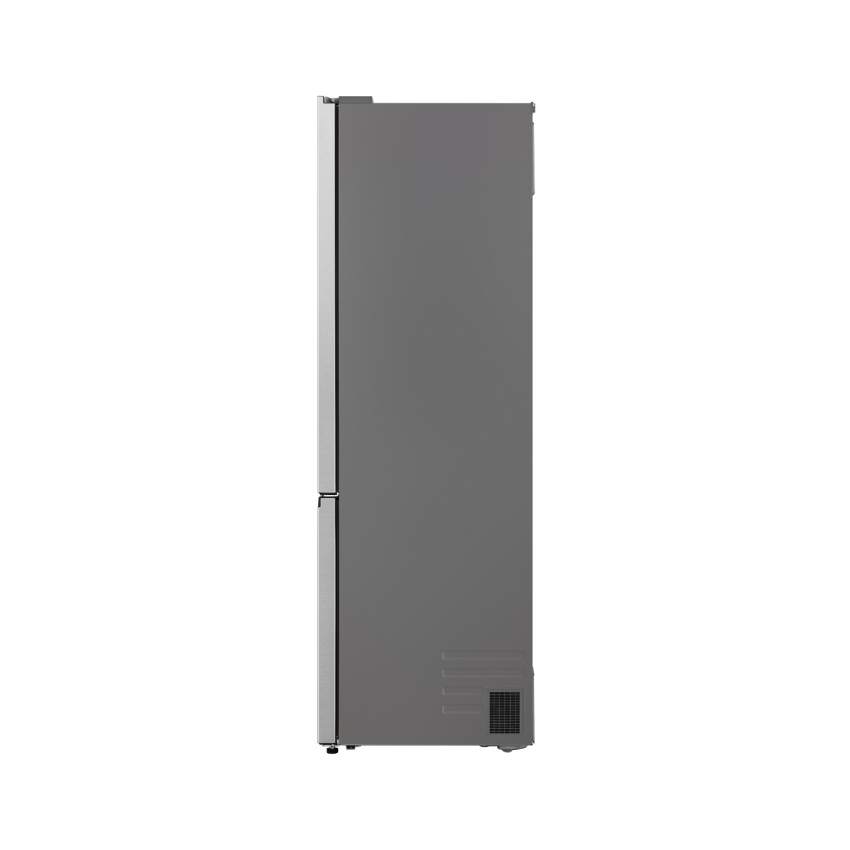 Refrigerador gris visto de lado con rejilla de ventilación abajo.
