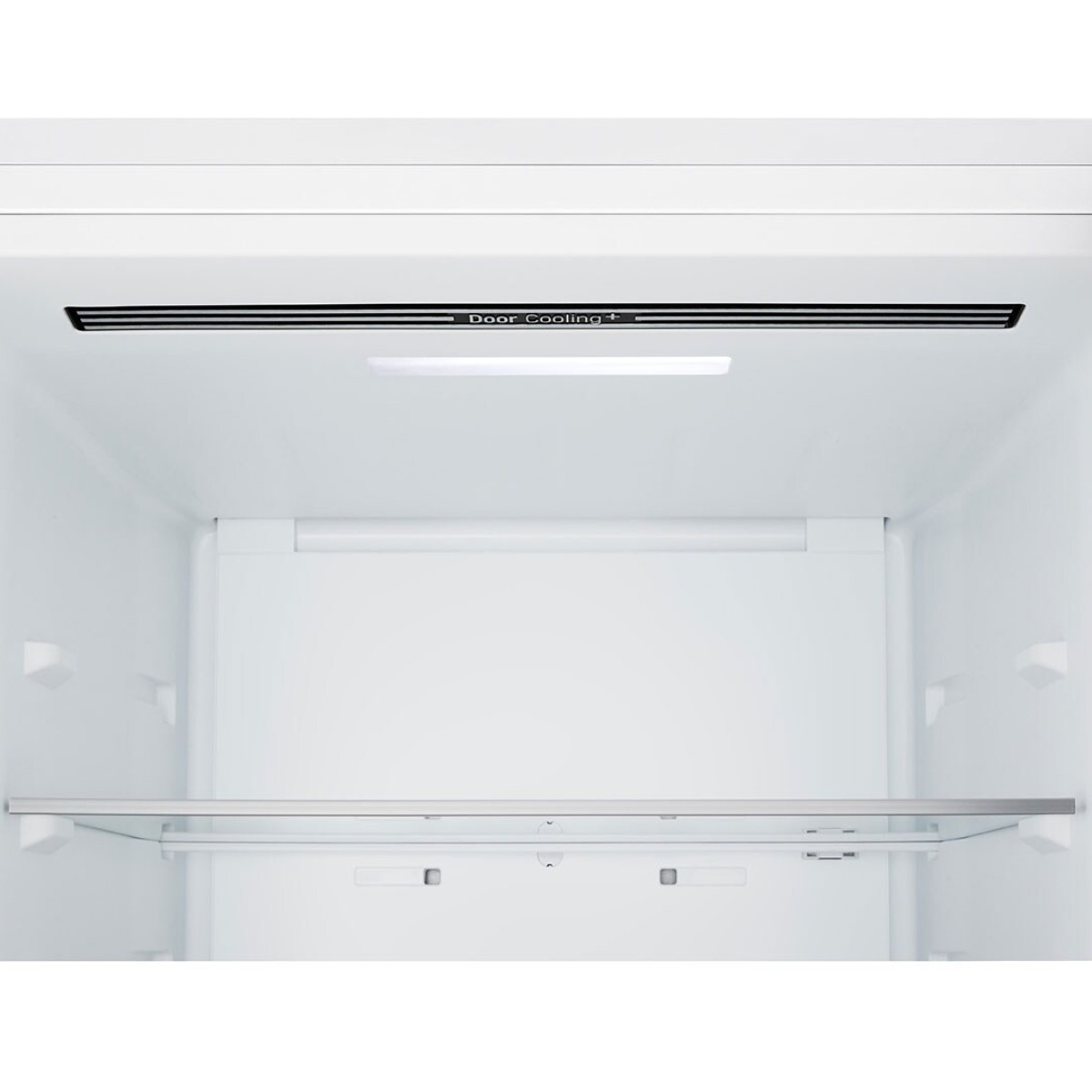 Interno di un frigorifero bianco con ripiano in vetro e 