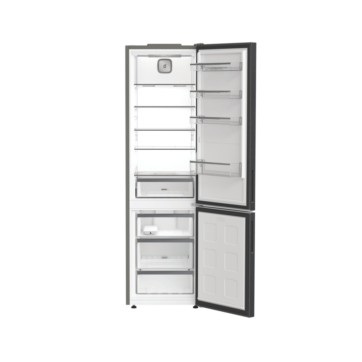Ein offener Kühlschrank mit mehreren Fächern und Schubladen, weißer Innenraum.