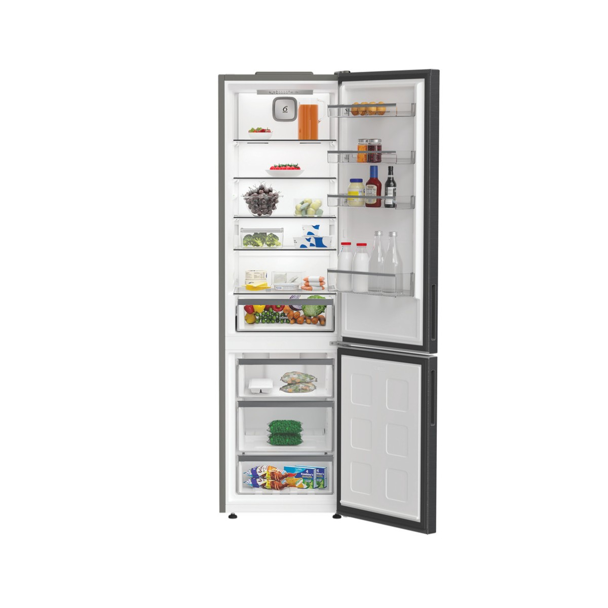 Offener Kühlschrank mit Lebensmitteln: Obst, Gemüse, Getränke, Eier und gefrorene Lebensmittel.