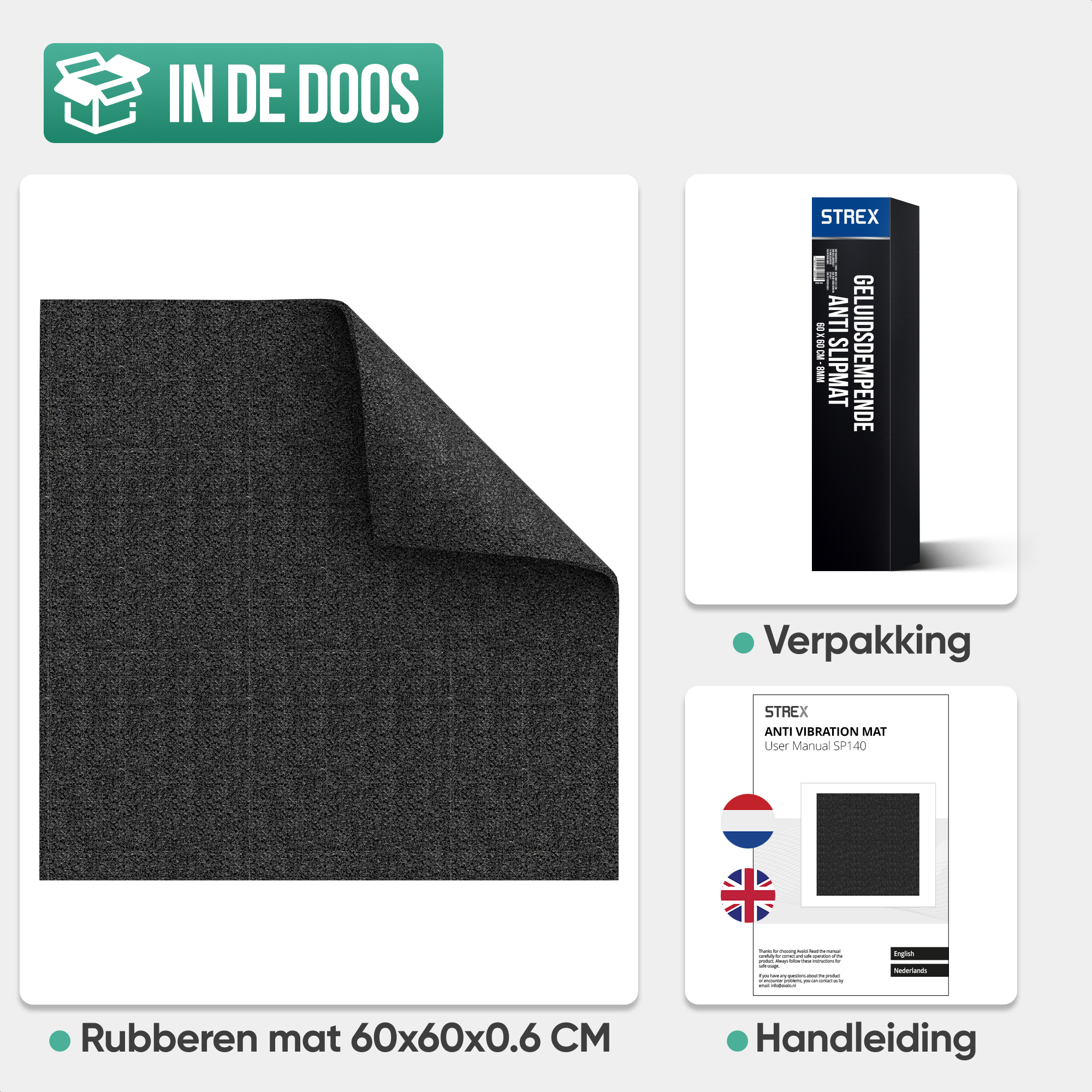A dark grey textured rubber mat is shown, with packaging and manual on the right.