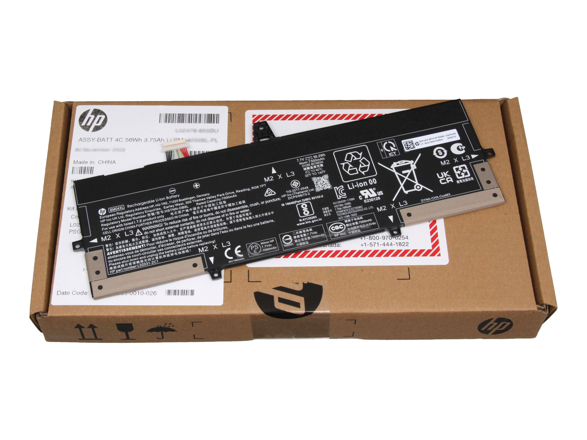 HP Laptop-Akku, Modell ASSY-BATT 4C 56Wh, mit Warnhinweisen und Zertifizierungen.