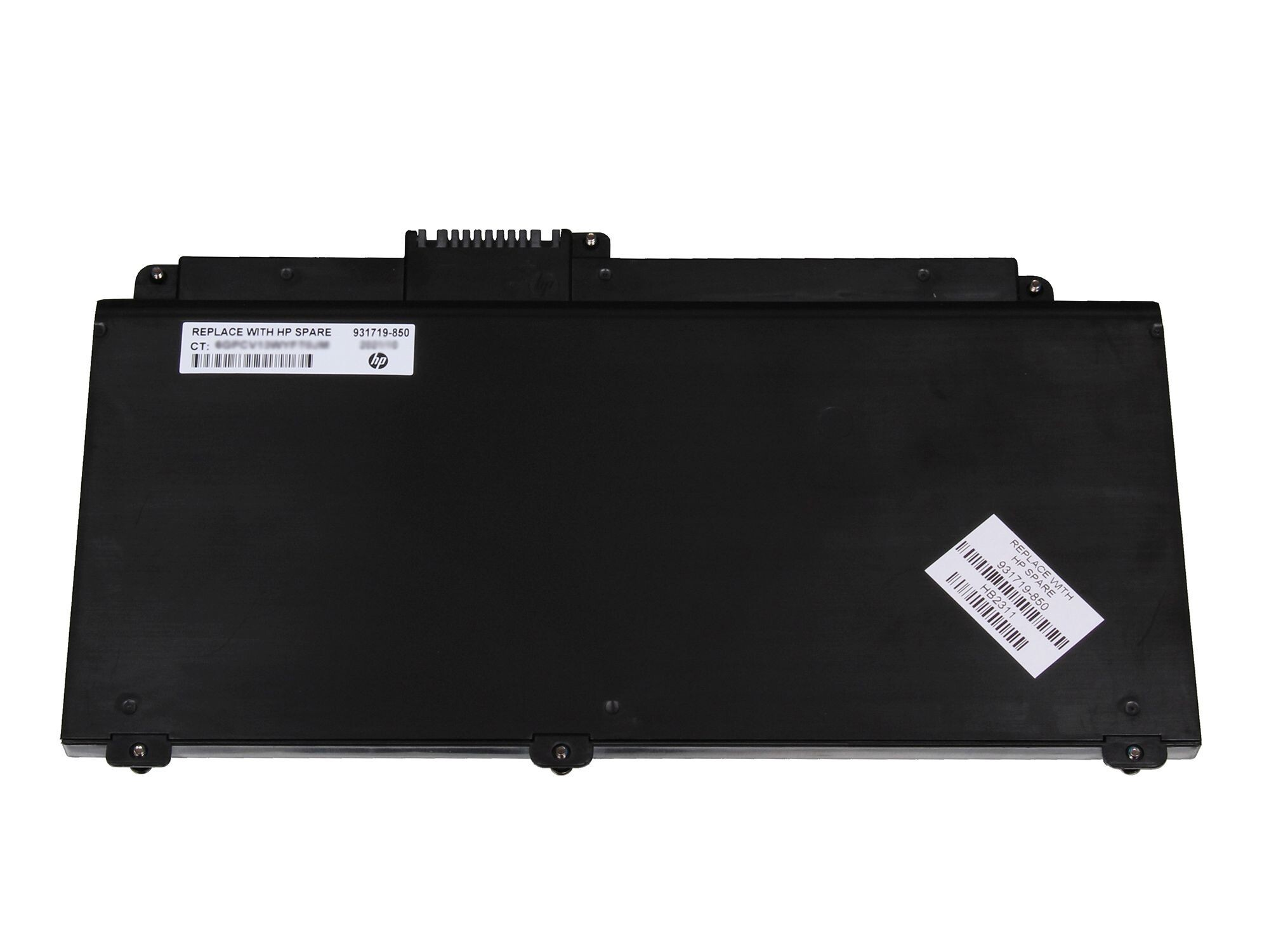 Schwarzer HP Laptop-Akku mit Etiketten. Auf dem Etikett steht 'REPLACE WITH HP SPARE'.